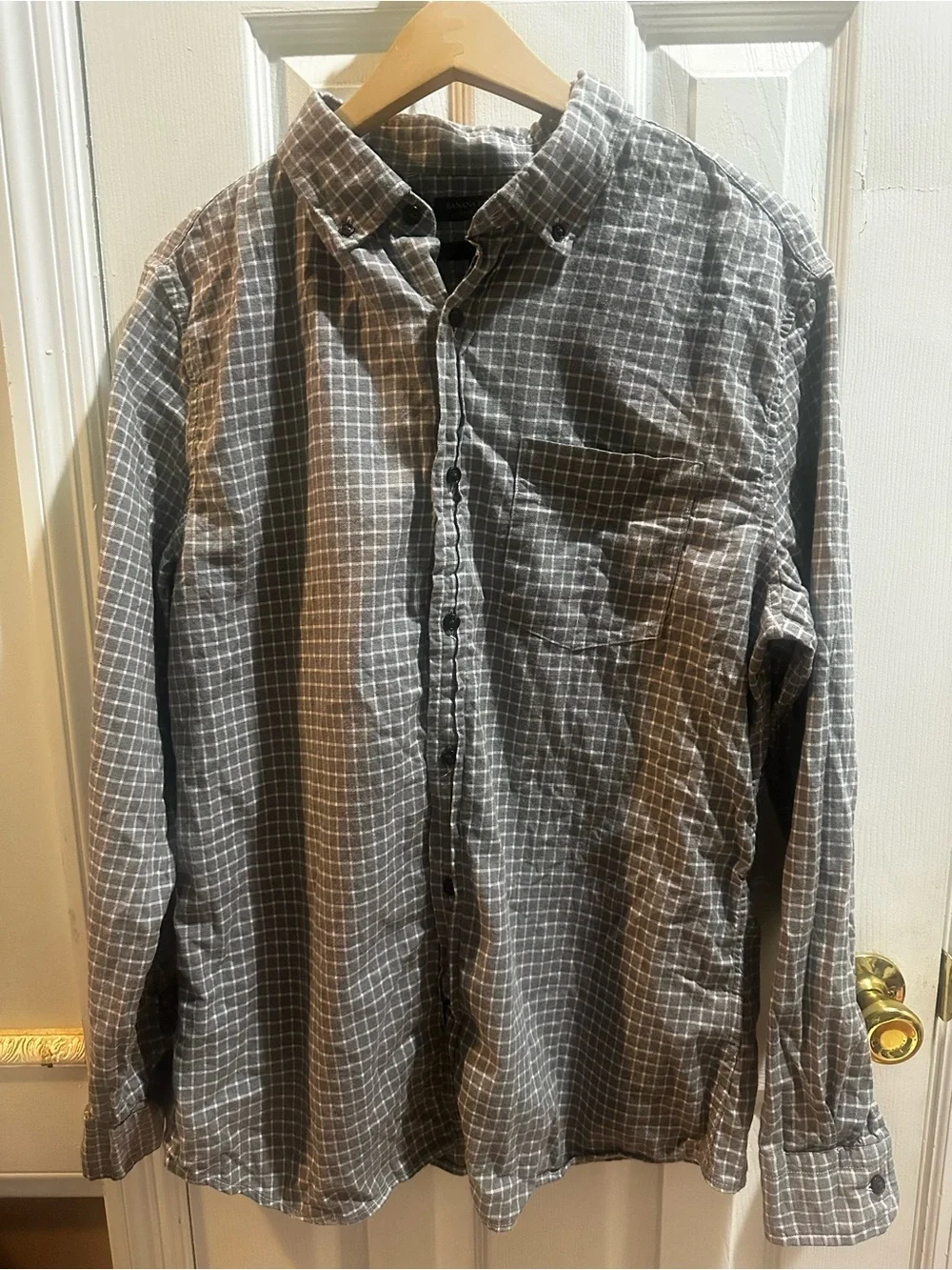 Banana Republic Luxe Flannel Slim Fit Gray Checked Long Sleeve Button Up Large‎